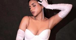 shama sikander white bodycon dress cleavage busty indian