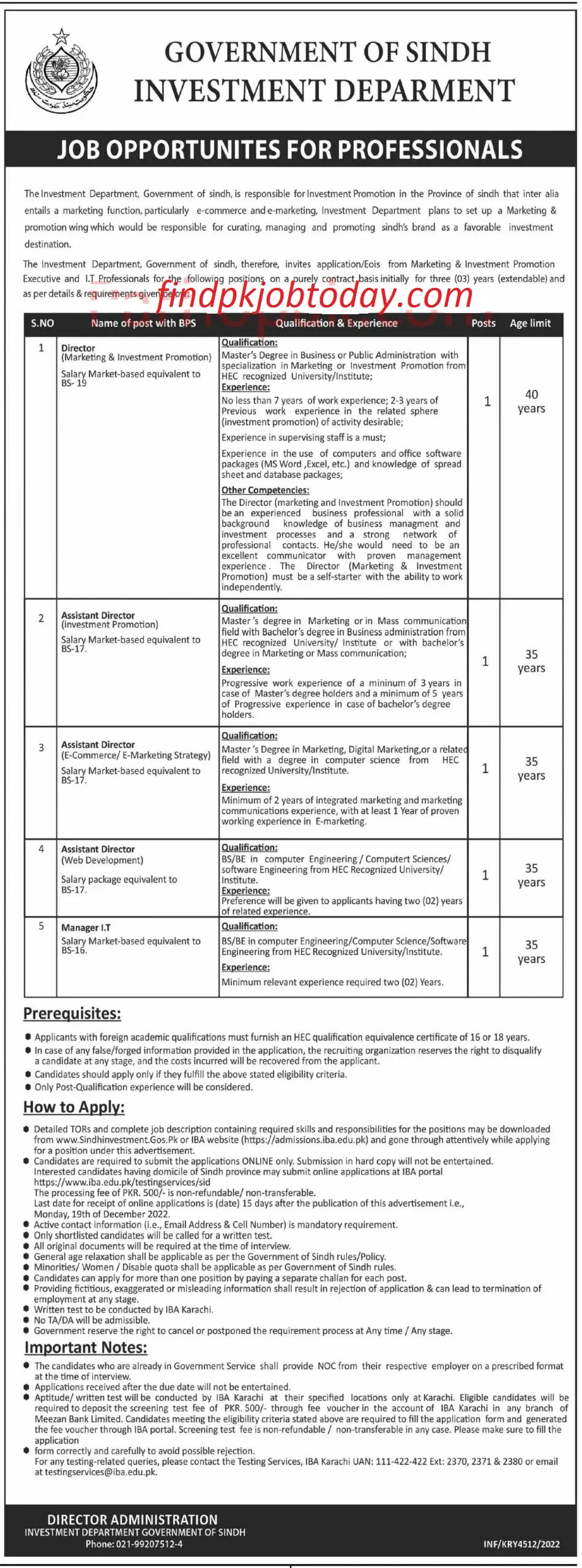 Investment Department Govt Sindh Jobs December 2022 Advertisement Latest