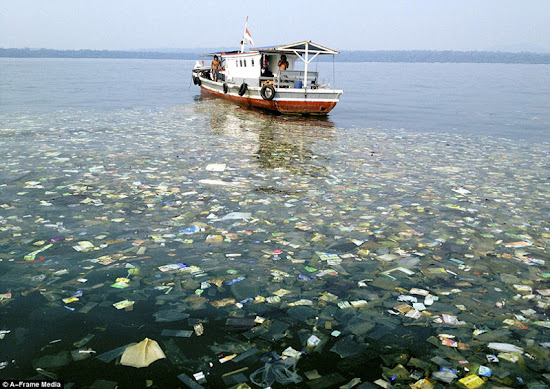 surfista de indonesia deslizándose en ola llena de basura