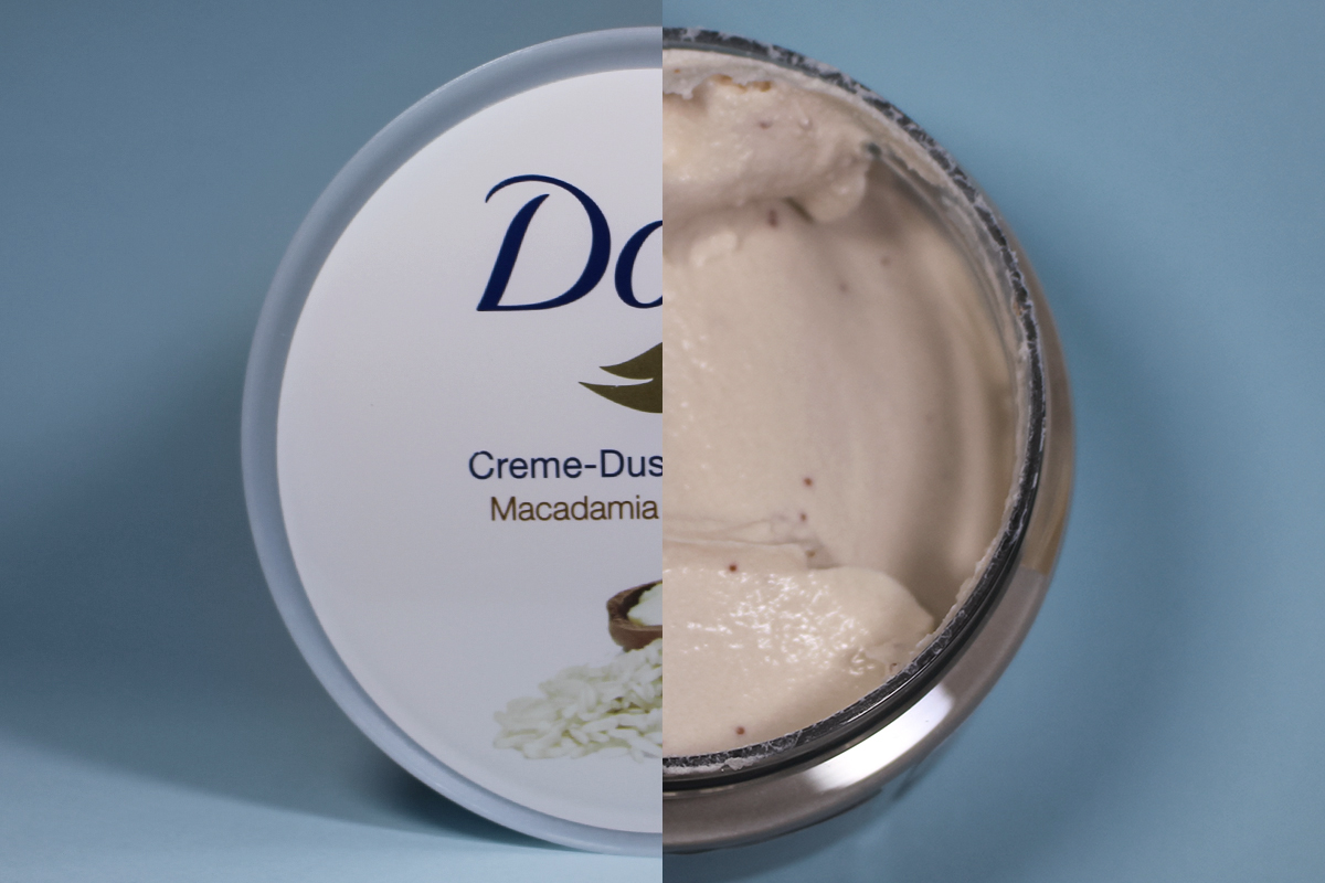 a collage with two pictures of dove body polish