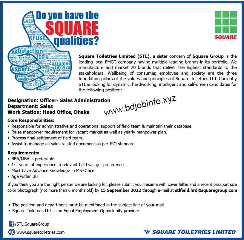 Square Toiletries Limited Job Circular 2022