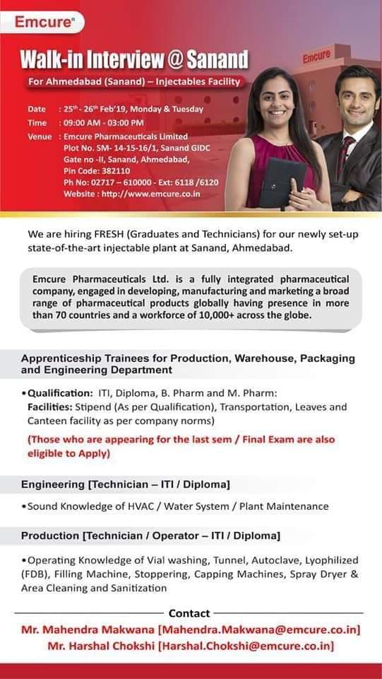Emcure | Walk-in for Production/Engineering | 25 & 26th Feb 2019 | Ahmedabad