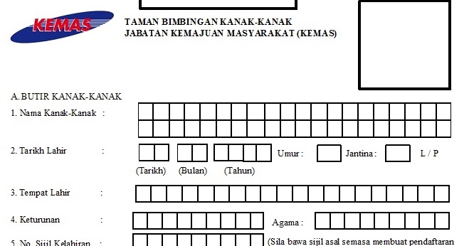 Pra-Sekolah (KEMAS) Johor: BORANG PENDAFTARAN KE TABIKA KEMAS