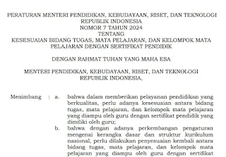 Permendikbudristek Nomor 7 Tahun 2024 (LINIERITAS MATA PELAJARAN YANG DIAMPU DENGAN SERTIFIKAT PENDIDIK)