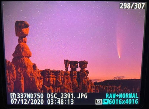 Raw view of comet as seen in Bryce Canyon (Source: OCA Wally Pacholka)