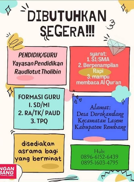 Lowongan Kerja Guru Yayasan Pendidikan Raudlotut Tholibin Dorokandang Lasem Rembang