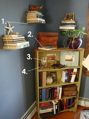 art filled bookshelves