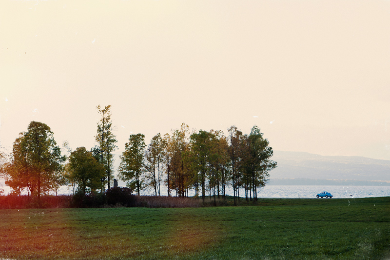 A blue volkswagon car drives along the shore in the distance at Shelburne Farms