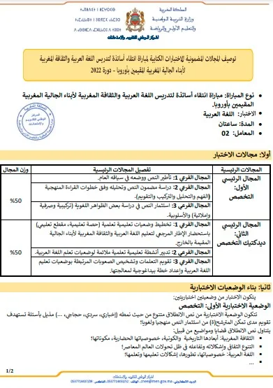 توصيف الاختبارات الكتابية لمباراة انتقاء أساتذة لتدريس اللغة العربية و الثقافة المغربية لأبناء الجالية