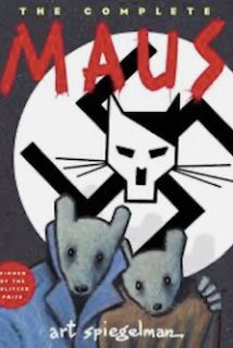 The front cover of the complete Maus. A large black swasticka on a white background is in centre of the cover. An illustrated  cat's head is at the centre of the symbol, looking out over the mice down below. Two mice are huddled together, wearing coats, as if they're on the move.