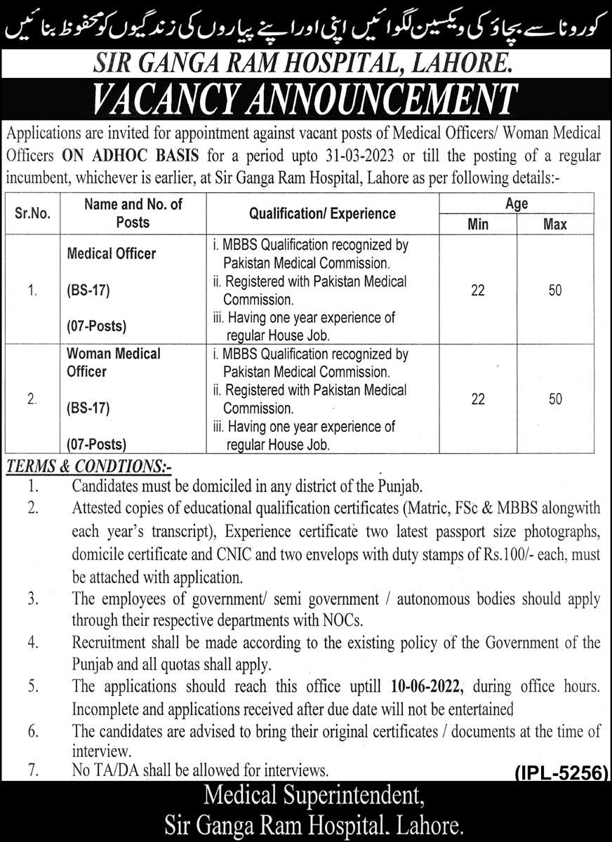 Sir Ganga Ram Hospital Lahore Medical Officer Jobs 2022 | Pak Jobs