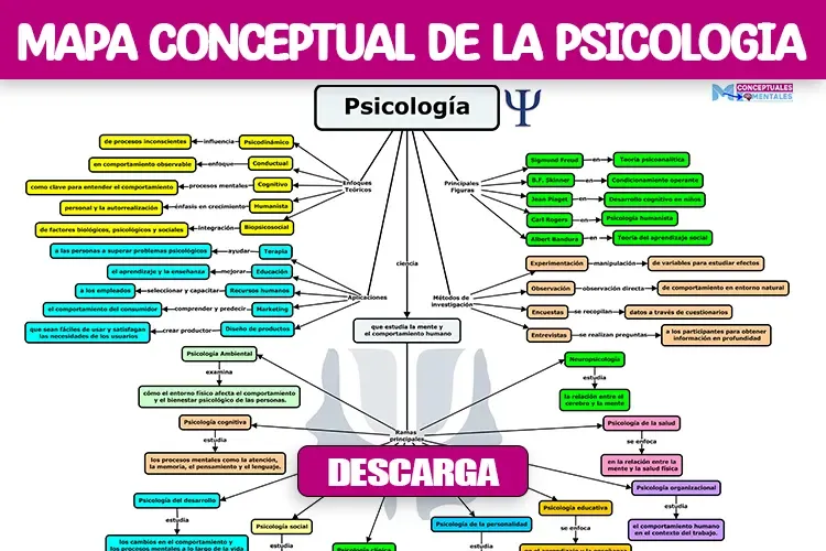 Mapa conceptual de Psicología con sus ramas, teorías, métodos y aplicaciones.