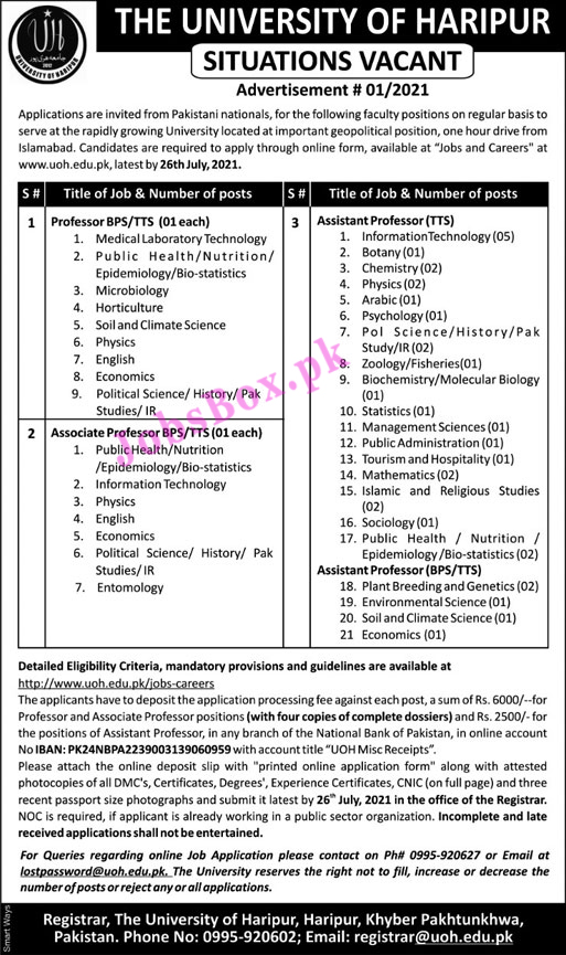 University of Haripur Jobs 2021 UOH Jobs Advertisement No. 1