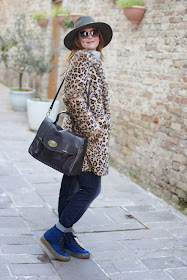 leopard faux fur coat, cobalt blue sneakers, Ecua-Andino australian hat, satchel bag, Fashion and Cookies, fashion blogger