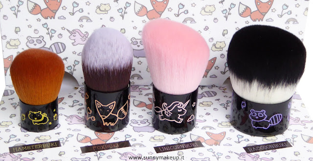 Neve Cosmetics - Nevebuki. Da sinistra verso destra, i pennelli: Hamsterbuki, Foxbuki, Unicornbuki e Raccoonbuki.