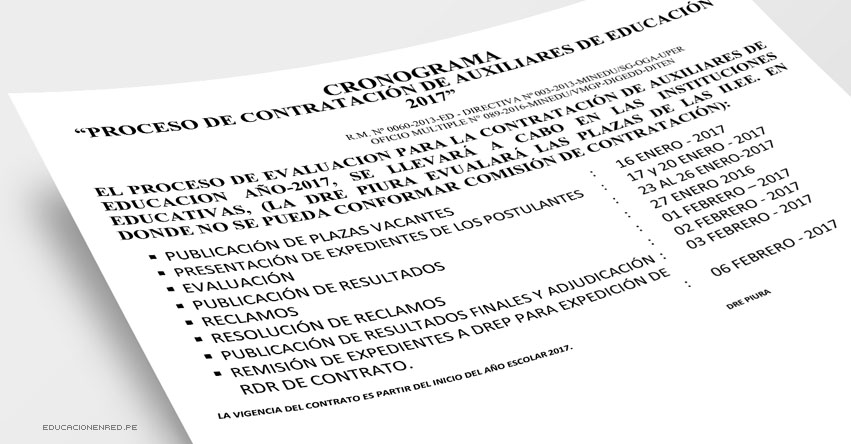 Cronograma Proceso de Contrato de Auxiliares de Educación 2017 - DRE Piura