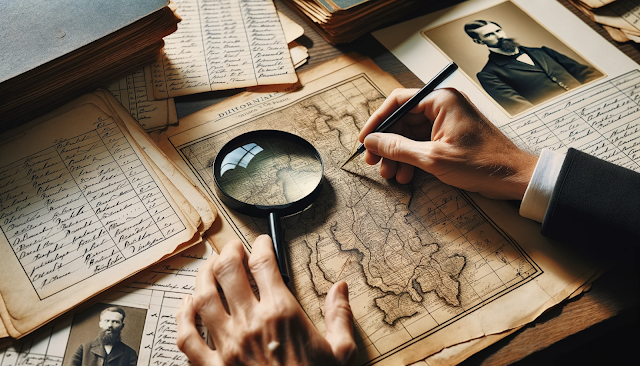 A close-up shot capturing a historian's hands delicately examining an old map with a magnifying glass. This image emphasizes the importance of primary sources in genealogical research. Nearby, there's a notebook with handwritten notes on family lineage based on findings from the map. On another part of the desk, there are printouts from digital archives and online genealogy databases, showcasing the role of secondary sources in the research process.