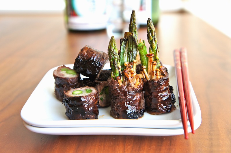 Japanese Beef Rolls With Scallion, Asparagus, And Enoki