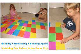 twins, preschool, building with shapes, design, color, foam rectangles