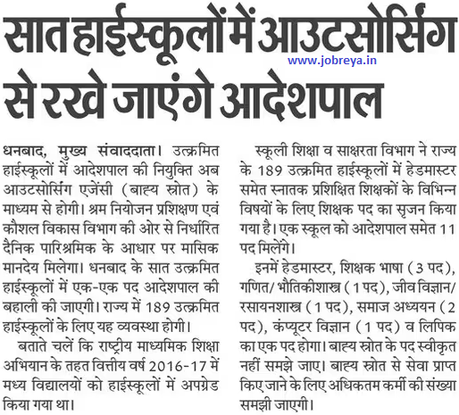 Adeshpal will be kept in 7 high schools of Jharkhand through outsourcing notification latest news update 2023 in hindi