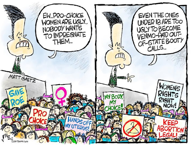 Matt Gaetz, facing a crowd of women demonstrating for abortion rights, says, 