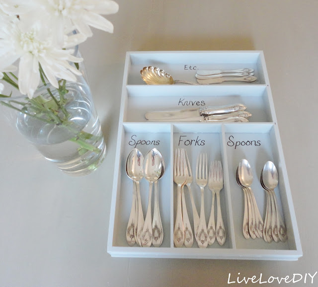 DIY Tip: paint and label an old wooden silverware organizer for a fun new look!