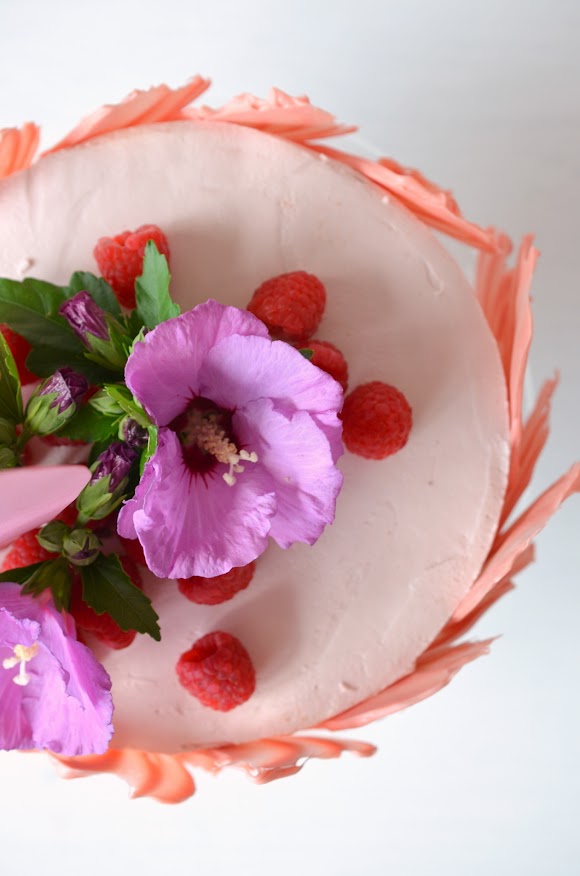 Eine Torte aus der Vogelperspektive – verziert mit großen Hibiskusblüten in lila und frischen Himbeeren.