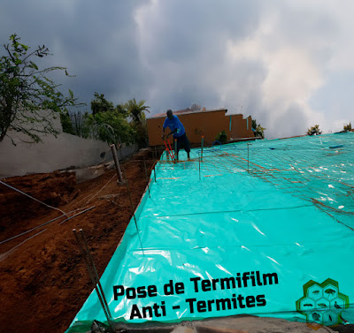 Le termifilm est une membrane en PVC spécialement conçue que l'on installe sur le sol autour et sous les fondations, les dalles, les chemins de câbles, et les conduites des bâtiments neufs pour empêcher les termites de pénétrer sans être détectés