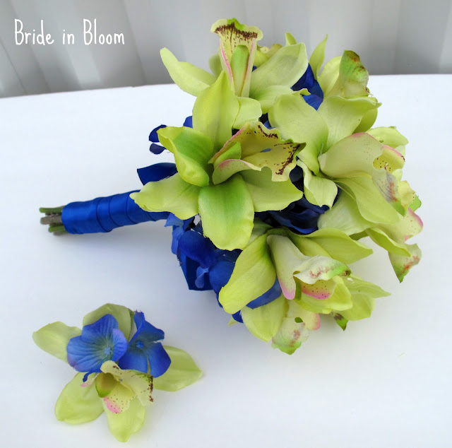 Green orchid Royal blue wedding bouquet