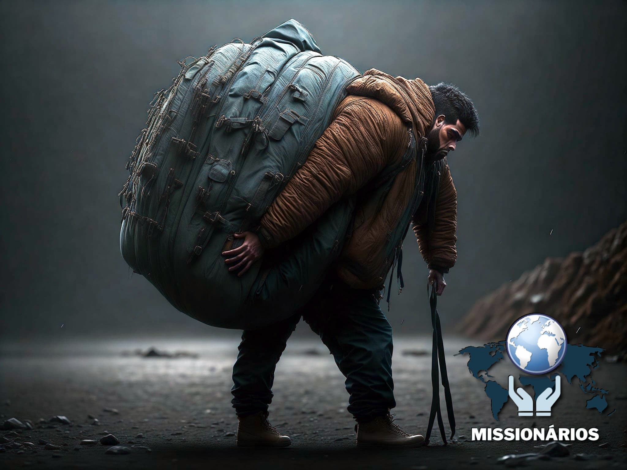 A imagem mostra um homem triste e cansado, caregando uma grande mochila quase do seu tamanho, caminhando para onde ele ainda não sabe onde vai dar.