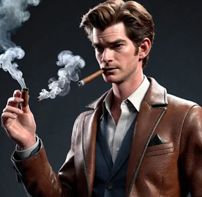 Andrew Garfield wearing a brown leather blazer lighting a cigar with another cigar he's putting out