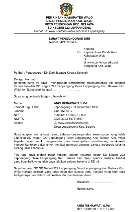 Contoh Surat Pengunduran Diri dari Jabatan Kepala Sekolah Terbaru Ms ...