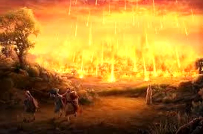 A imagem mostra Ló e suas duas filhas fugindo da chuva de fogo que caiu sobre Sodoma e Gomorra.