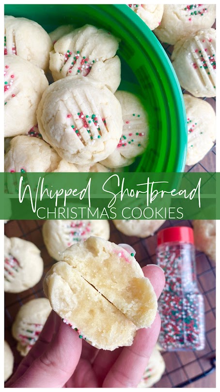 Collage of shortbread cookies with holiday sprinkles. Hand holding a broken cookie, plus pile of cookies on a cooling rack.