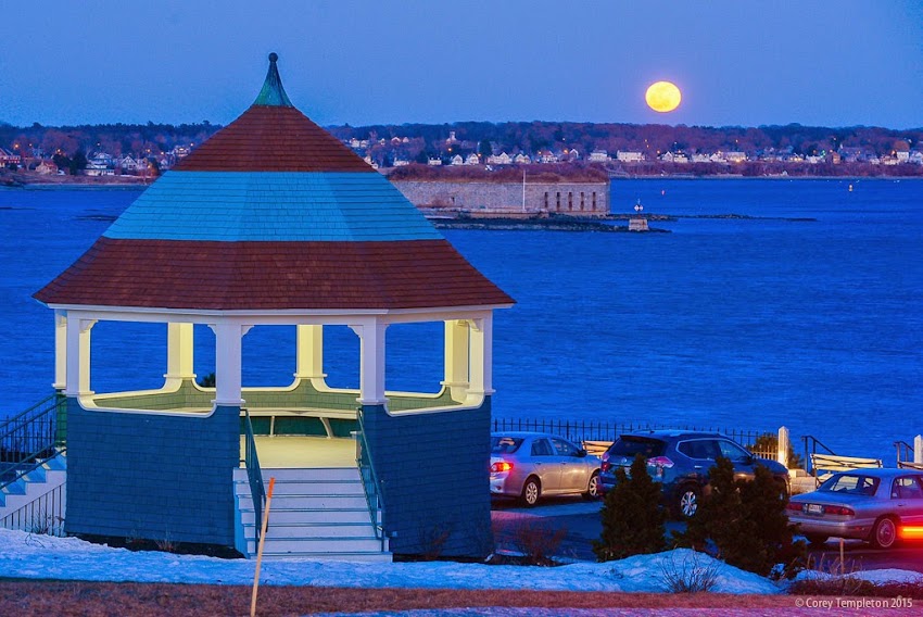 Portland, Maine April 2015 Spring at Fort Allen Park with moon rising over Casco Bay and Fort Gorges. Photo by Corey Templeton.