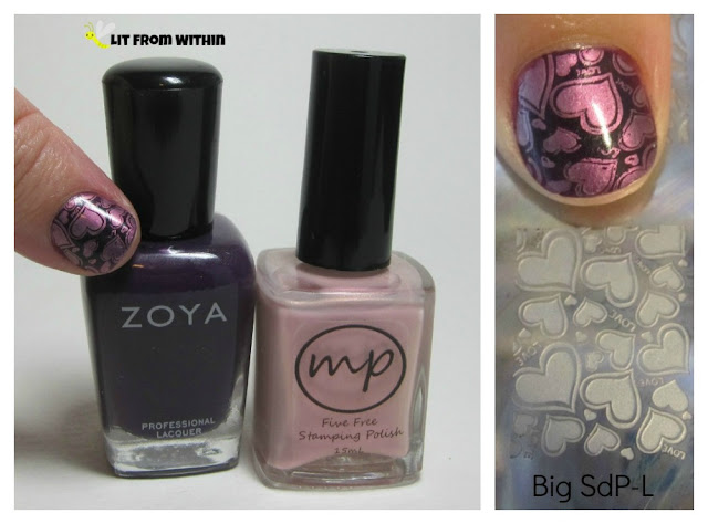 What I used:  Zoya Lidia, MPolish Apple Blossom, and stamping plate Big SdP-L.