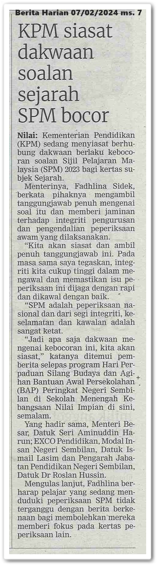 KPM siasat dakwaan soalan sejarah SPM bocor | Keratan akhbar Berita Harian 7 Februari 2024