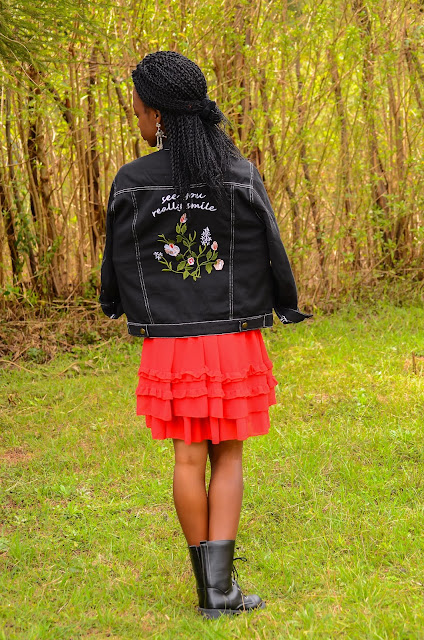 Wearing An Embroidered Black Denim Jacket Outfit With A Dress