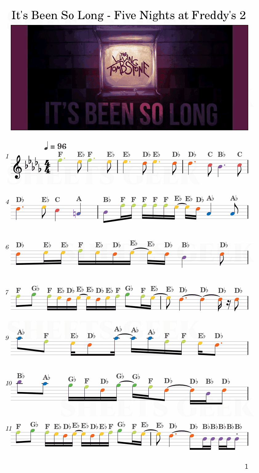 It's Been So Long - Five Nights at Freddy's 2 Song Easy Sheet Music Free for piano, keyboard, flute, violin, sax, cello page 1