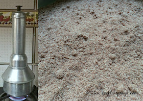Puttu maker | Ragi flour mix ready to be layered in puttu maker