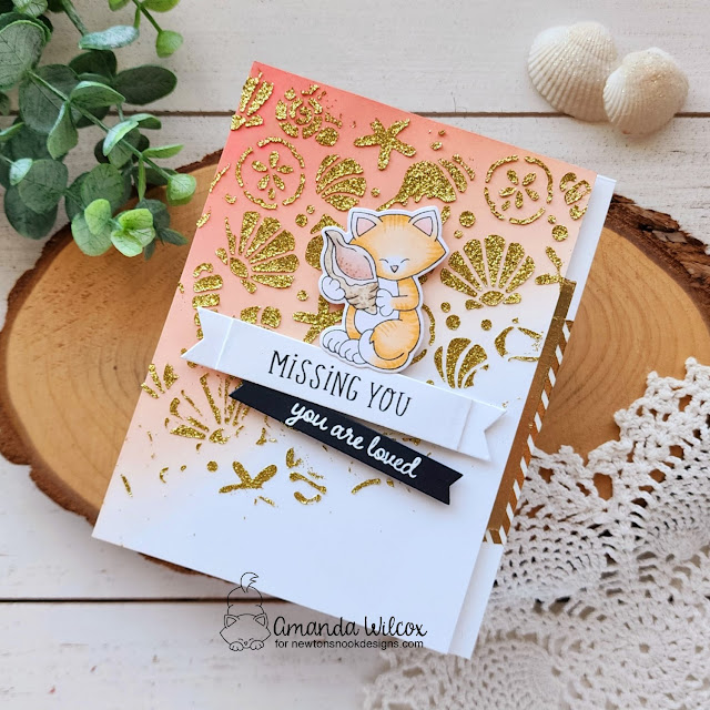 Miss You Beach Card with Kitty by Amanda Wilcox | Newton's Seashell Stamp Set, Seashells Stencil, Banner Trio Die Set, A7 Frames & Banners Die Set and Heartfelt Essentials Stamp Set by Newton's Nook Designs #newtonsnook #handmade