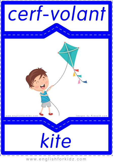 kite in French, cerf-volant en anglais, English-French toys flashcards