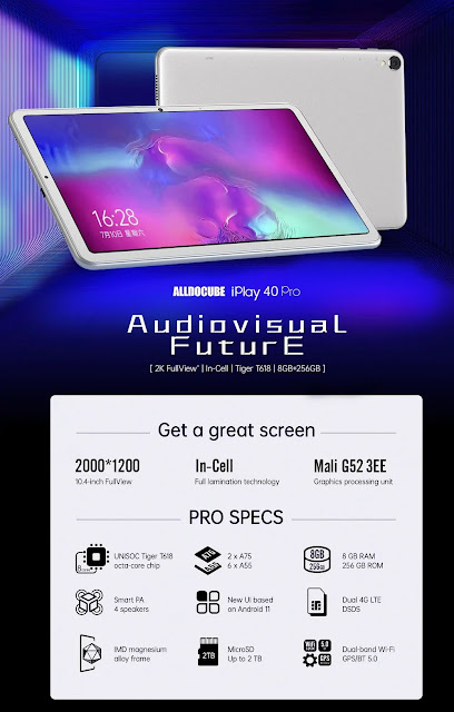 Alldocube iPlay 40 Pro UNISOC T618 Octa Core 8GB RAM 256GB ROM 4G LTE 10.4 Inch 2K Screen Android 11 Tablet