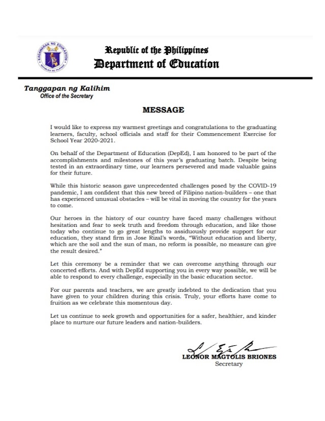 OFFICIAL STATEMENT | SECRETARY’S MESSAGE ON THE GRADUATION AND MOVING-UP CEREMONIES FOR THE SCHOOL YEAR 2020-2021