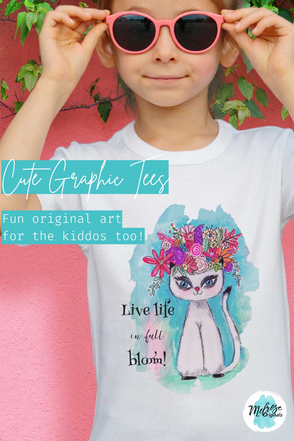 Cute sassy girl wearing sunglasses and a white graphic tee with original art kitty with a flower wreath