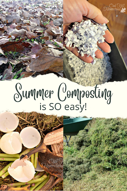 A collage of compost ingredients: leaves, shredded paper, eggshells and grass clippings.