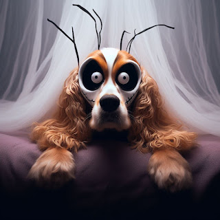 A head shot of a sinister cartoon image of Eko the Golden Cocker Spaniel with what looks like twigs sticking out of his head, he has huge white eyes painted black around them, with a soft white filter around him that makes him look very much like an evil clown