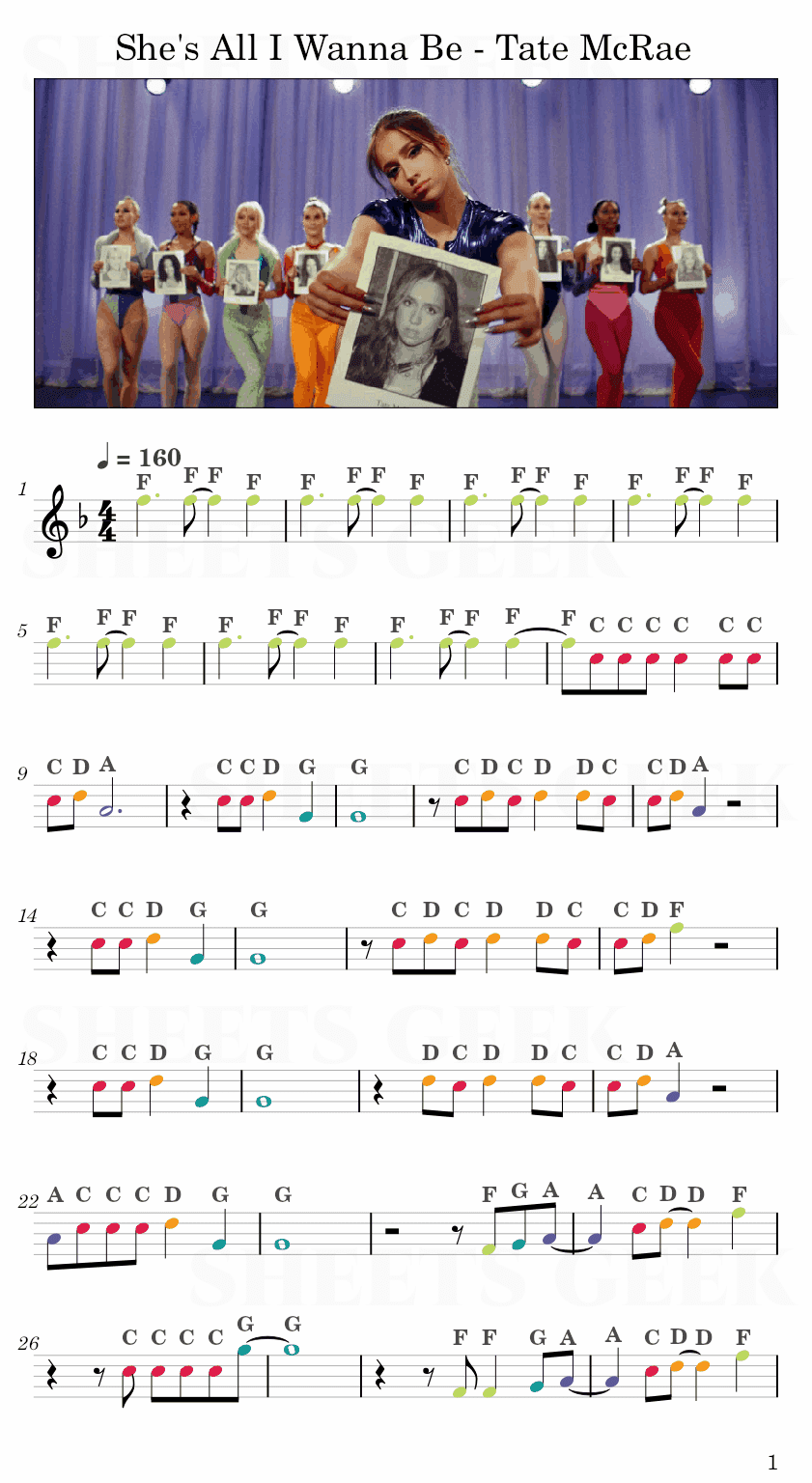 She's All I Wanna Be - Tate McRae Easy Sheet Music Free for piano, keyboard, flute, violin, sax, cello page 1