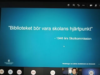 Skärmbild från Gustav Fridolins bildspel”Biblioteket bör vara skolans hjärtpunkt”, foto Ninni Malmstedt