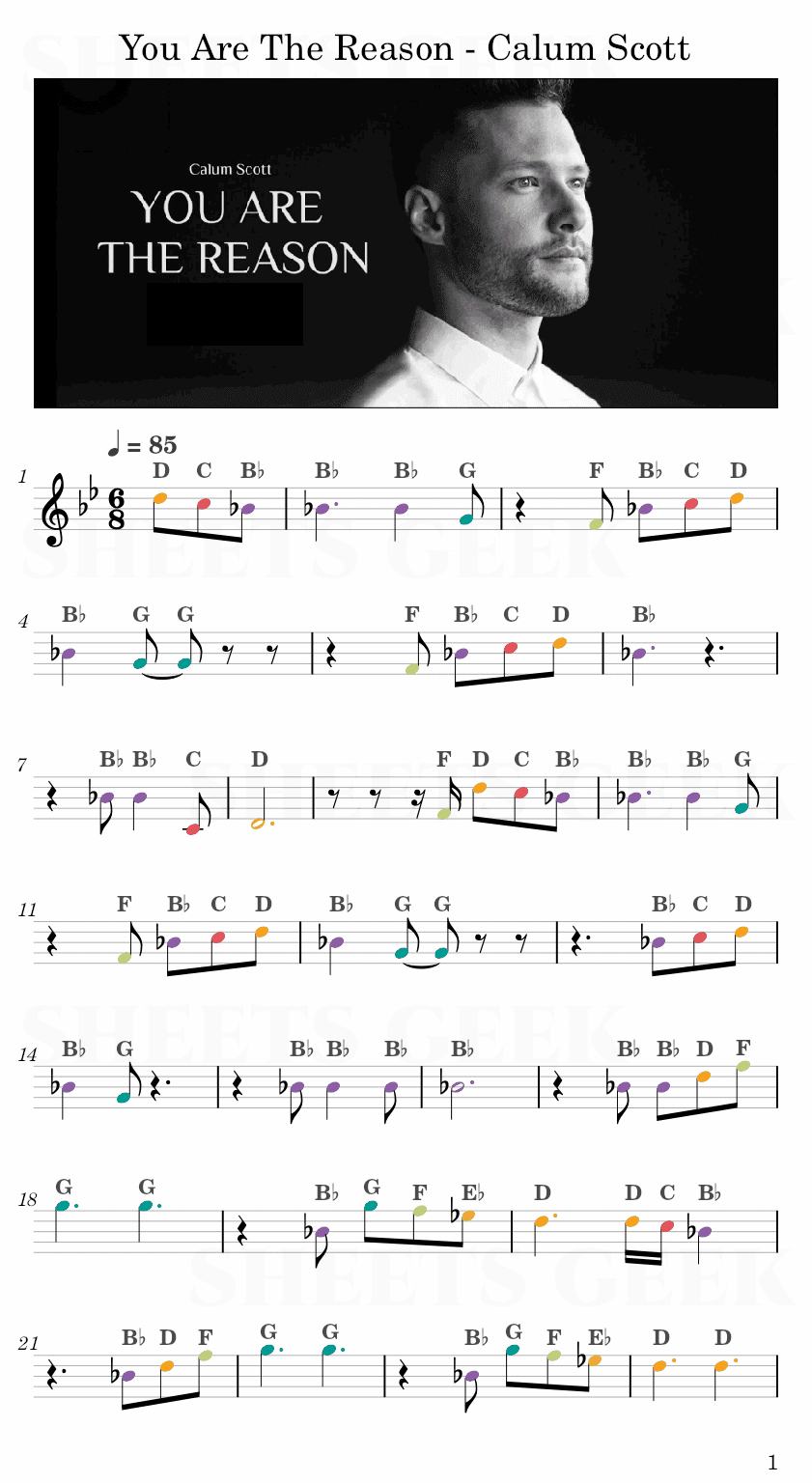 You Are The Reason - Calum Scott Easy Sheet Music Free for piano, keyboard, flute, violin, sax, cello page 1